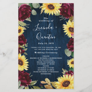 Sunflower Bourgogne Marine Blue Wedding Programmes