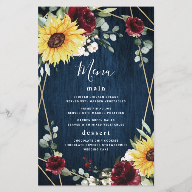 Sunflower Bourgogne Rose Marine Mariage Cartes de  (Devant)