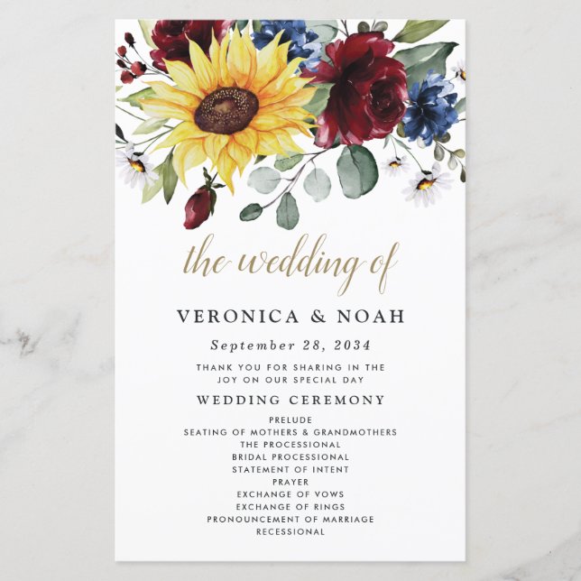 Sunflower Bourgogne Rose Programmes de mariage (Devant)