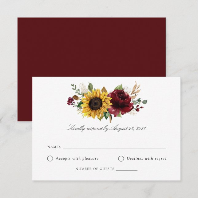Sunflower Bourgogne vert mariage carte RSVP (Devant / Derrière)