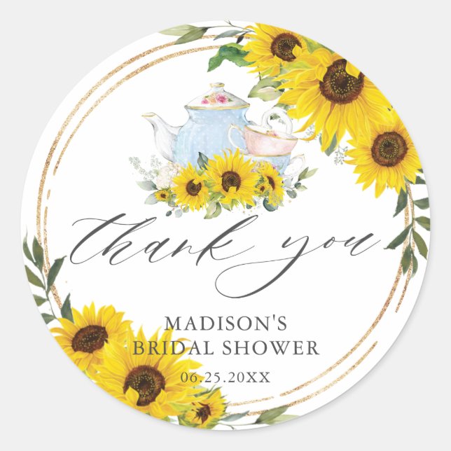 Sunflower Bridal Baby Shower Tea Party Thank You Classic Round Sticker (Front)