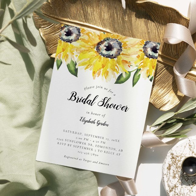 Sunflower Bridal Shower Elegant Script Watercolor  Invitation (Creator Uploaded)