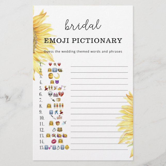 Sunflower bridal shower emoji pictionary game (Front)