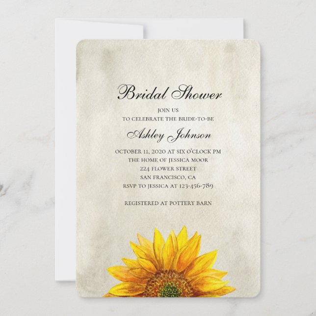 Sunflower bridal shower invitation. Rustic flower Invitation (Front)