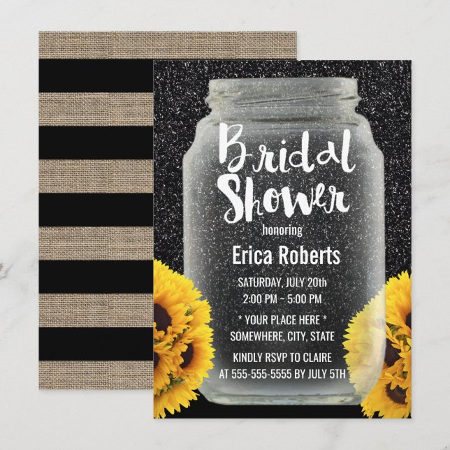 Sunflower Bridal Shower Mason Jar Black Glitter Invitation (Front/Back)