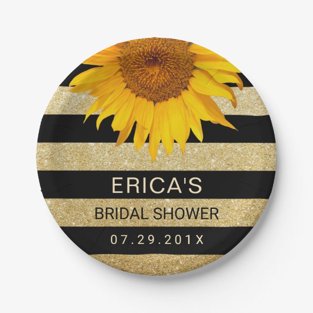 Sunflower Bridal Shower Modern Black & Gold Stripe Paper Plate (Front)