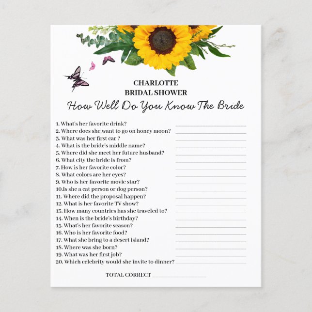 Sunflower Bridal Shower Trivia Question Flyer (Front)