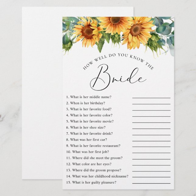 Sunflower Bride Bridal Shower Game (Front/Back)