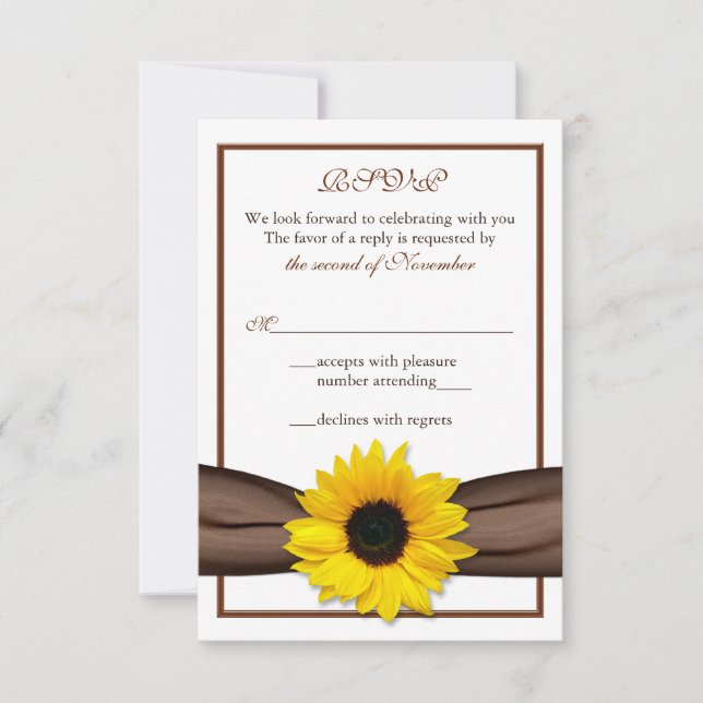 Sunflower Brown Ribbon Wedding RSVP Reply Card (Front)