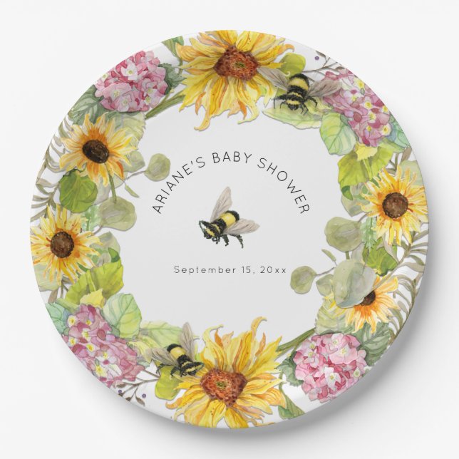 Sunflower Bumble Bee Pink Hydrangea Baby Shower Paper Plate (Front)