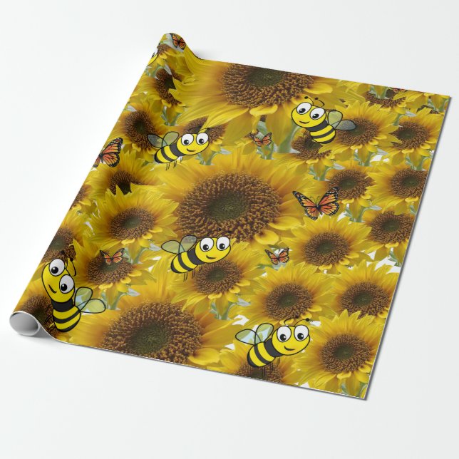 Sunflower Bumblebee Butterfly Matte Wrapping Paper (Unrolled)