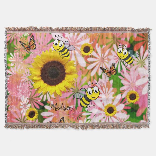 Sunflower Bumblebee Butterfly Throw Blanket (Front)