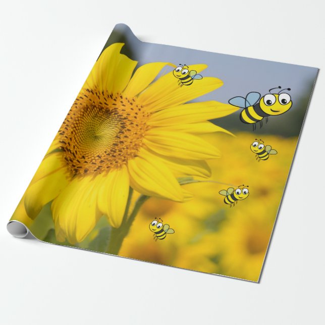 Sunflower Bumblebee Matte Wrapping Paper (Unrolled)