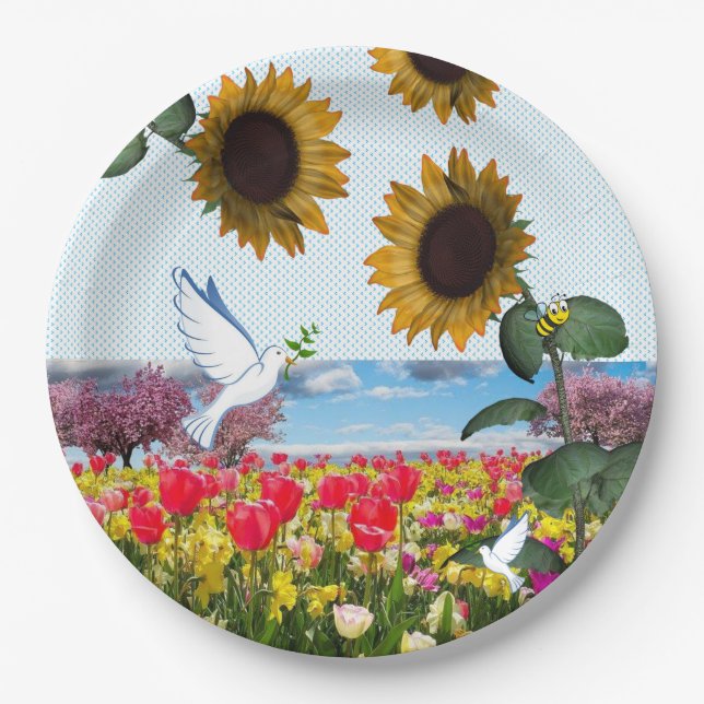 Sunflower Bumblebee White Dove  Paper Plates (Front)