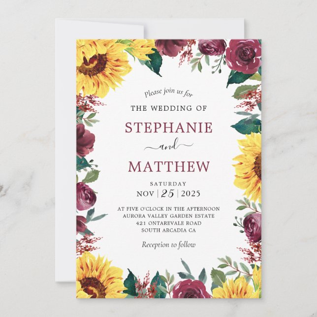 Sunflower Burgundy Floral Border Wedding Invitation (Front)