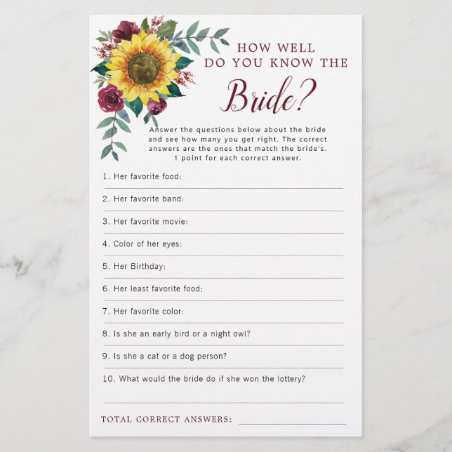 Sunflower Burgundy Floral Bridal Shower Game (Front)
