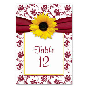 Sunflower Burgundy Floral Pattern Wedding Table Number