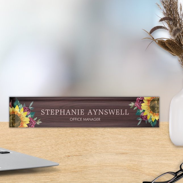 Sunflower Burgundy Floral Wood Grain Nameplate (Creator Uploaded)