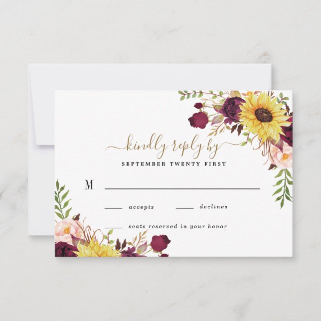 Sunflower Burgundy Gold Blush Peony Rose Wedding RSVP Card (Front)