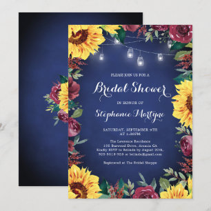 Sunflower Burgundy Jar Lights Navy Bridal Shower Invitation