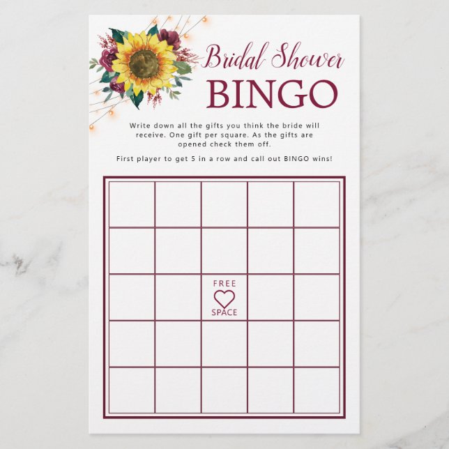 Sunflower Burgundy Lights Bridal Shower Bingo Game (Front)
