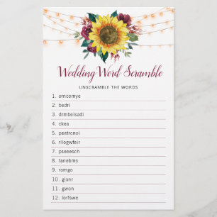Sunflower Burgundy Lights Bridal Shower Word Game
