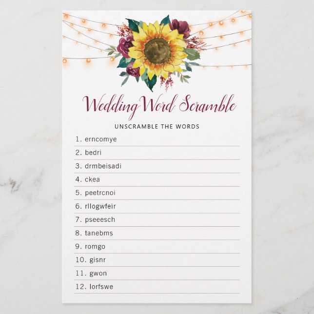 Sunflower Burgundy Lights Bridal Shower Word Game (Front)