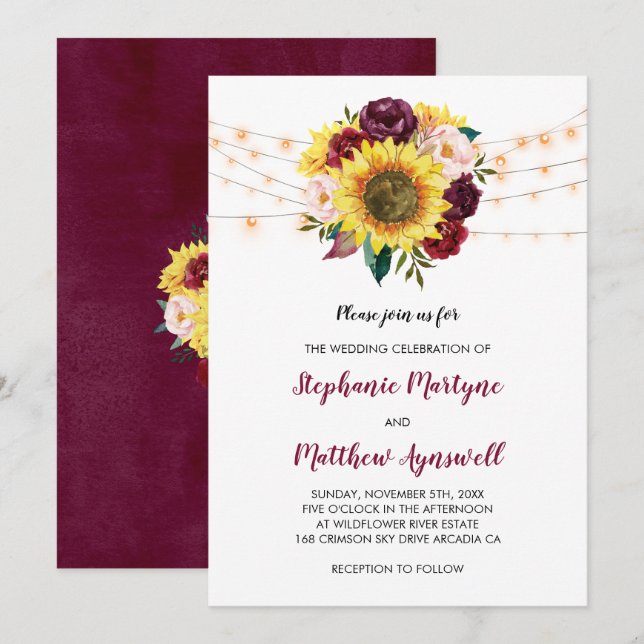 Sunflower Burgundy Marsala Floral Lights Wedding Invitation (Front/Back)
