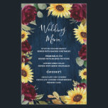 Sunflower Burgundy Navy Blue Wedding Menu Cards<br><div class="desc">Design features watercolor deep burgundy red roses,  sunflowers,  eucalyptus and other greenery elements over a rustic navy blue barn wood grain background.</div>