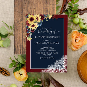 Sunflower Burgundy Navy Blue Wood Script Wedding  Invitation