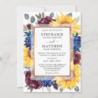 Sunflower Burgundy Navy Floral Border Fall Wedding