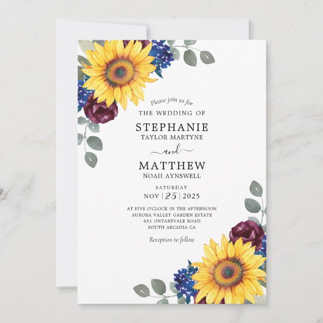 Sunflower Burgundy Navy Watercolor Floral Wedding Invitation (Front)