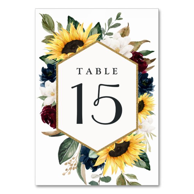 Sunflower Burgundy Red and Navy Blue Roses Wedding Table Number (Front)