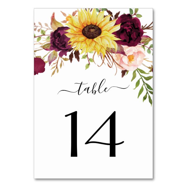 Sunflower Burgundy Red Blush Peony Rose Wedding Table Number (Front)
