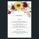 Sunflower Burgundy Red Blush Wedding Menu Cards<br><div class="desc">Design features a beautiful half wreath of watercolor sunflower, peonies and rose floral elements in various shades of blush pink, burgundy red, Marsala/plum and more over painted greenery.</div>