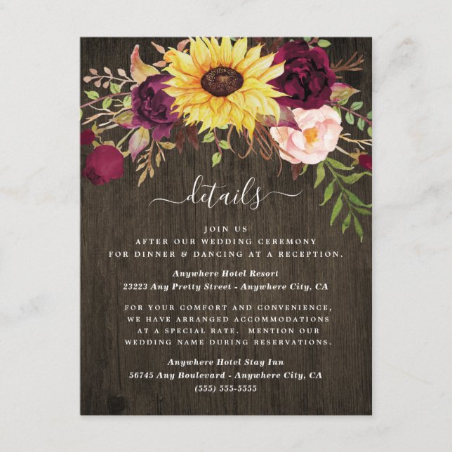 Sunflower Burgundy Red Roses Rustic Wood Wedding Enclosure Card (Front)