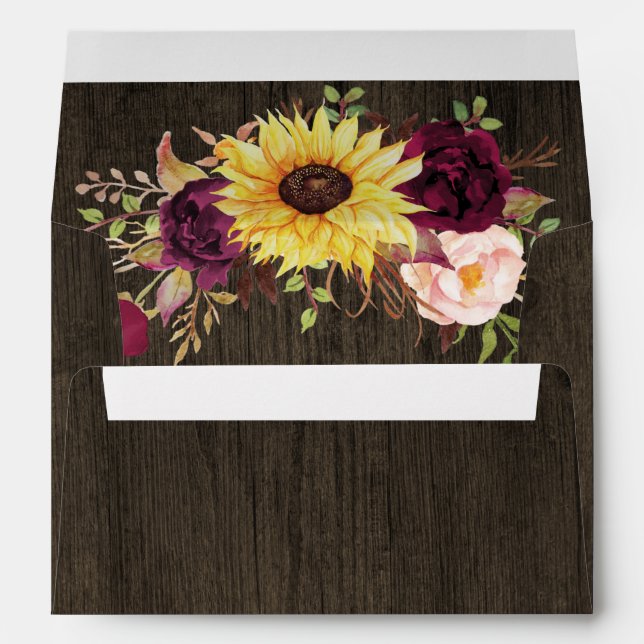 Sunflower Burgundy Red Roses Rustic Wood Wedding Envelope (Back (Bottom))
