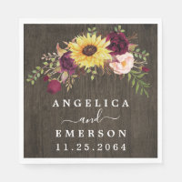 Sunflower Burgundy Red Roses Rustic Wood Wedding