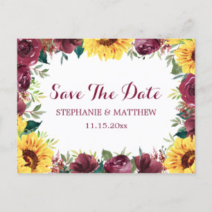 Sunflower Burgundy Rose Border Save The Date Announcement Postcard