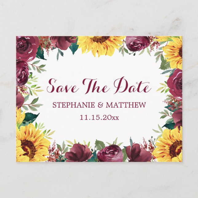Sunflower Burgundy Rose Border Save The Date Announcement Postcard (Front)