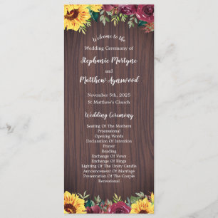 Sunflower Burgundy Rose Border Wood Wedding Program