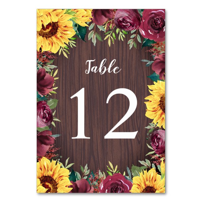 Sunflower Burgundy Rose Border Wood Wedding Table Number (Front)