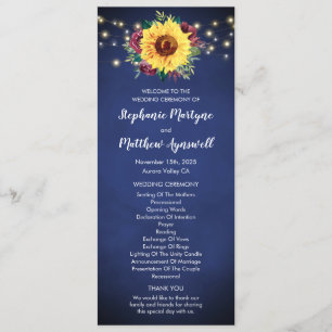 Sunflower Burgundy Rose Floral Lights Navy Wedding Program