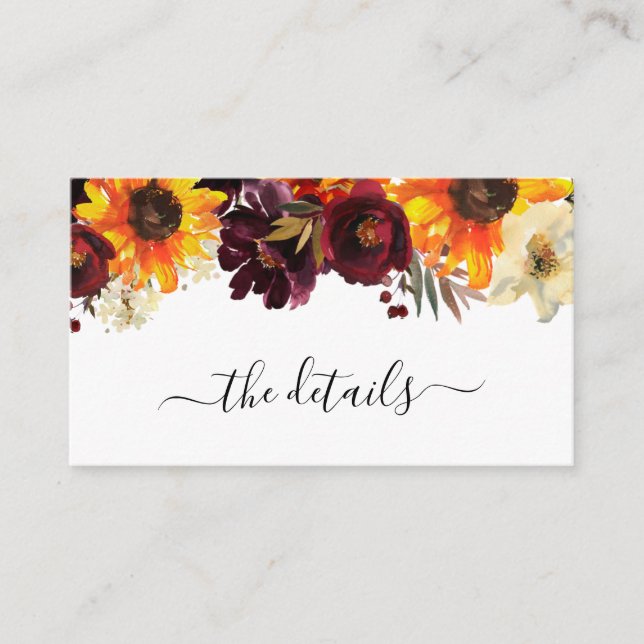 Sunflower Burgundy Rose Floral Wedding Details Enclosure Card (Front)