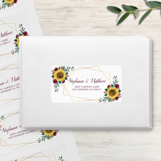 Sunflower Burgundy Rose Geometric Gold Address Label (Creator Uploaded)