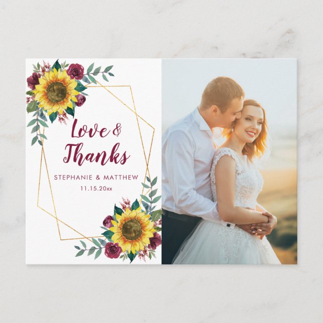 Sunflower Burgundy Rose Geometric Photo Thank You Postcard (Front)