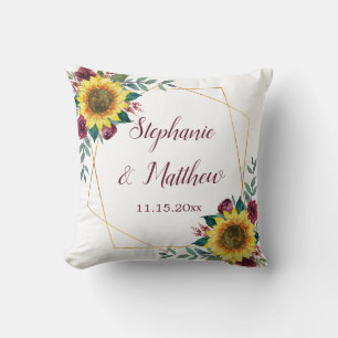Sunflower Burgundy Rose Geometric Wedding Throw Pillow