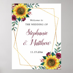 Sunflower Burgundy Rose Geometric Wedding Welcome Poster