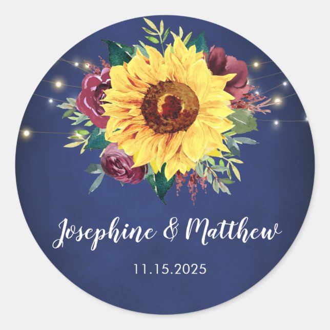 Sunflower Burgundy Rose Lights Navy Blue Wedding Classic Round Sticker (Front)