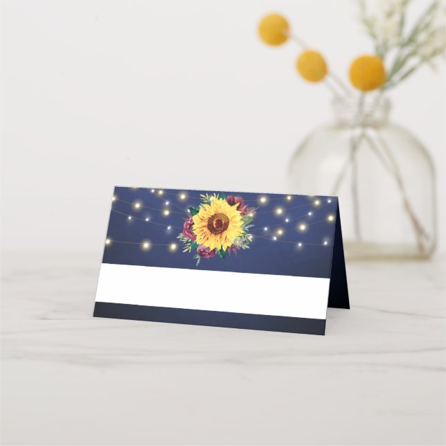 Sunflower Burgundy Rose Lights Navy Blue Wedding Place Card (Front)